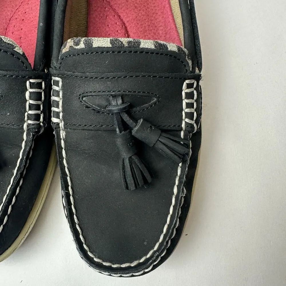 Sperry Top Sider Women Size 10M Black Boat Shoes, Animal Print Leather